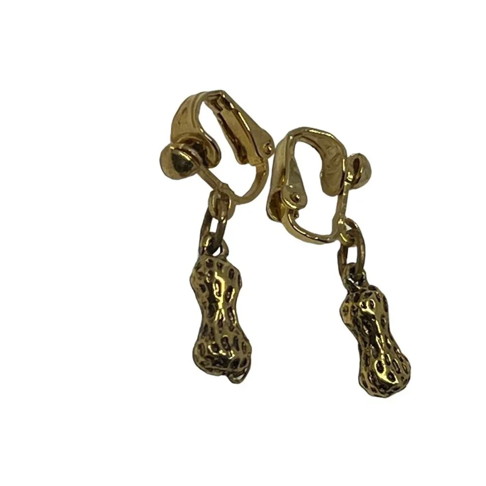 Vintage Peanut Clip On Earrings‎ Gold Tone Dangle Drop